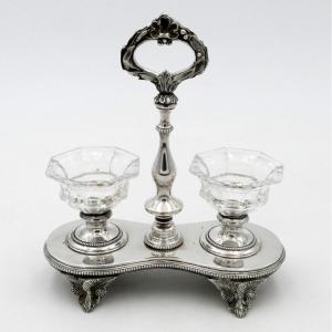 Double Salt Cellar In Silver-plated Metal And Crystal, Late 19th Century.