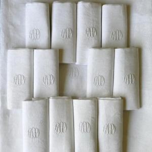 Tablecloth And Its Twelve Napkins With Rich Damask And Openwork Decoration, “ap”, Art Nouveau. 