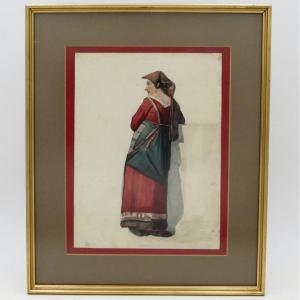 Italian School, Watercolor, “neapolitan Woman In A Red And Green Dress”, Circa 1840, 19th Century.