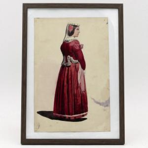 Italian School, Watercolor, “neapolitan Woman In A Red Dress”, Circa 1840, 19th Century.
