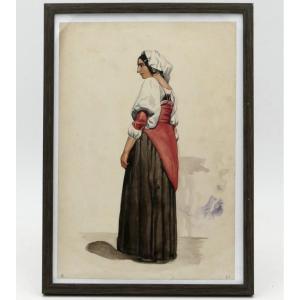 Italian School, Watercolor, “neapolitan Woman In A Green Dress”, Circa 1840, 19th Century.
