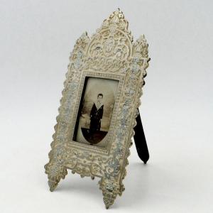 Neo-renaissance Photo Frame In Silver-plated Metal, Decorated With Grotesques, 19th Century.