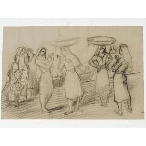 Henri Lafitte (1885–1977), “women At The Market In Lisbon,” Charcoal Study.