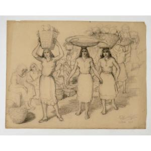 Henri Lafitte, “market Scene In Lisbon” Charcoal Study Signed, Located And Dated 1948.