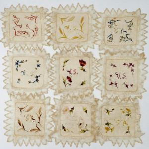 Nine Square Silk Handkerchiefs Embroidered In Colors, Monogram "vs", Late 19th Century.