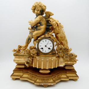 Large Clock "love And Fidelity", In Gilded Spelter, Late 19th Century.
