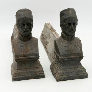 Pair Of Orientalist Andirons, Male Bust, Cast Iron, Late 19th Century.