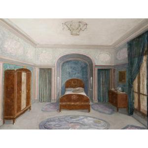 Henri Lafitte, "interior Design Project, Bedroom," Oil On Paper, 1930