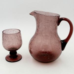 Biot, Pitcher And Stemmed Glass In Blown Glass, Signed, 20th Century.