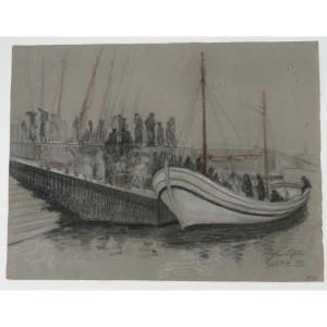 Henri Laffite (1885–1977), Lisbon “return From Fishing”, Drawing On Paper, 1949.