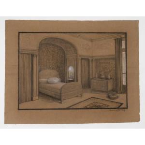 Henri Laffite (1885–1977), “interior Design Project, Bedroom” Charcoal Drawing 1927