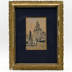 La Rochelle, Statue Of Admiral Duperré And The Large Clock, Black Ink, Gouache, Late 19th Century.