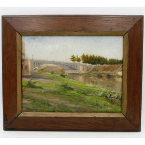 Landscape With The Eiffel Bridge, Oil On Cardboard Signed Cadoret, 1900. 