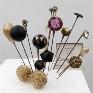 Collection Of 15 Hatpins And 8 Clothespins, 1900.