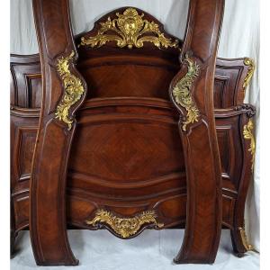 Bed In Mahogany Veneer And Gilt Bronze, Circa 1880. 19th Century.