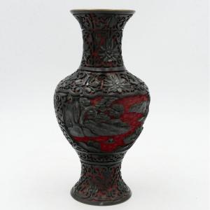 China, Cinnabar Lacquer Vase "lakeside Landscapes", 20th Century.