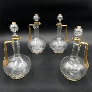4 Blown Glass Carafes With Venetian Ribs, Gold Highlights, Late 19th Century, Legras (?).