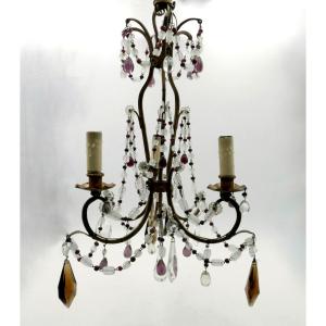 Three-light Chandelier With Coloured Pendants, 20th Century.