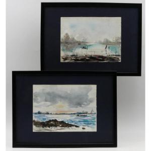 Pierre Piot (1921 - 1998), Pair Of Seascapes, Watercolor, 20th Century.