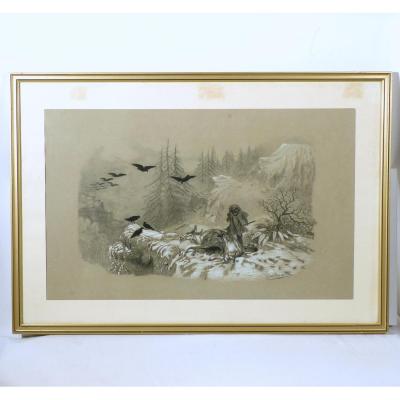 Drawing Pastel And Charcoal "drama In The Mountain" Circa 1880