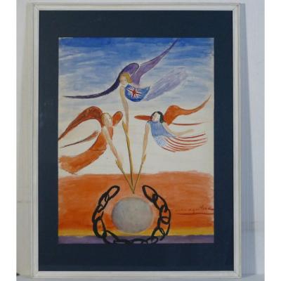 Anna Aguilera, "victory", Great Painting On Paper 1945.