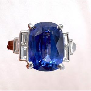 18k White Gold Engagement Ring With 3.46 Ct Sapphire And Baguette-cut Diamonds, In The Art Deco