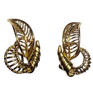 French 1950s Sculptural Clip-on Earrings In 18k Rose-tinted Gold – Mid-century Modern Volute Le