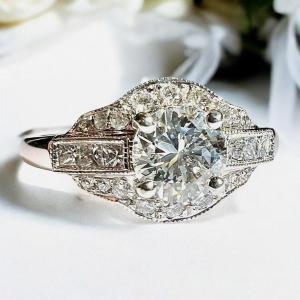 Round Modern Cut Diamond Ring, 0.80ct, Surrounded By Diamonds For 0.40 Ct, 18 Ct White Gold