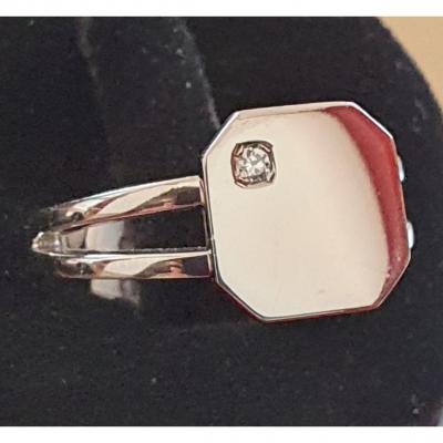Octagonal Signet-style Ring In 18k White Gold – 0.10 Ct Diamond (size 55)
