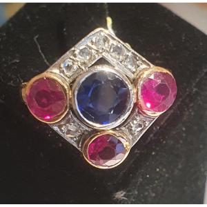 14ct Gold Ring Art Deco Sapphire Ruby And Roses