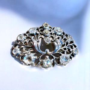 18k Gold And Silver Brooch Set With Old Cut Diamonds