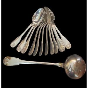 12 Christofle Spoons And Ladle In Silver-plated Metal Vendôme Model Shell Silverware Louis XV