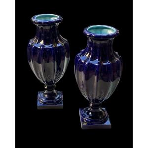 Pair Of Sarreguemines Earthenware Vases Duplessis Model Oven Blue Late 19th Century Nap III