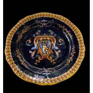 Gien Earthenware Plate, Renaissance Model, Blue Background, Italian Renaissance  