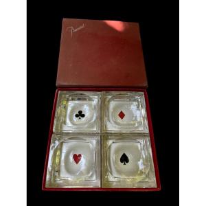 Set Of 4 Art Deco Ashtrays Or Pocket Trays From Baccarat In Card Colors 