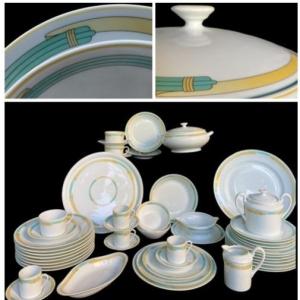  Christofle Table Set By Raynaud Iriana Model Porcelain Green Rushes 1986