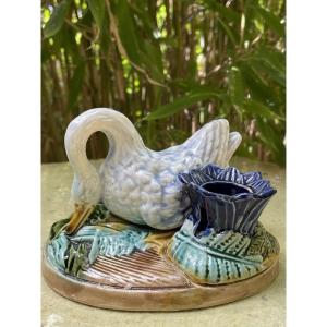 Slip Candle Holder Probably Onnaing Circa 1890/1900 Swan Water Lily Earthenware 