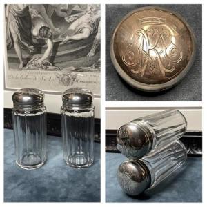English Solid Silver And Crystal Toilet Bottles With Noble Crown And Coat Of Arms.