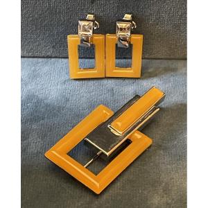 Nina Ricci Couture Set: Clips And Brooch In Silver-plated Metal And Resin, Vintage 1980