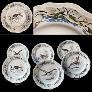 12 Sarreguemines Earthenware Plates, Sologne Pattern, Woodcock Hunting Bird Decoration 