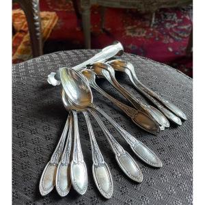 12 Ercuis House Silver-plated Metal Coffee Spoons And Sugar Tongs, Empire Silverware Pattern 