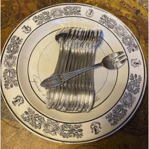 12 Ercuis Oyster Forks In Silver-plated Metal, Empire Model, Silverware, Shells