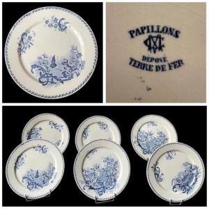 Series Of 6 Faience Plates Creil & Montereau Model Butterflies Terre De Ferro 1900