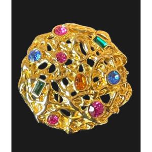 Vintage Ted Lapidus Signed Couture Brooch In Gold-plated Metal And Multicolored Stones, Circa 1980