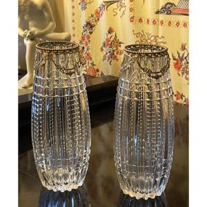 Pair Of Cut  Crystal Vases With Beaded Mounts, Louis XVI Style, Circa 1920-1930, Art Deco 