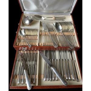 62-piece Silver-plated Flatware Set, Stylized Art Deco Shell Design, Jean Amiel 1930