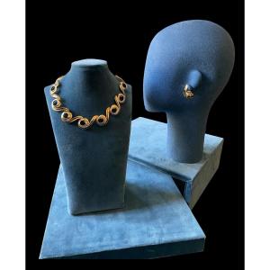 Nina Ricci Necklace And Clip Set In Gold-plated Metal, Vintage Couture Jewelry