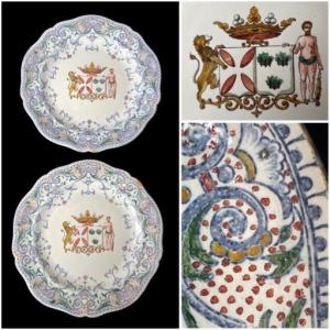 Gien Earthenware Plates With The Coat Of Arms Of The De Rougé Family, A Marquis's Crown, And A Blazon Of Nobility.