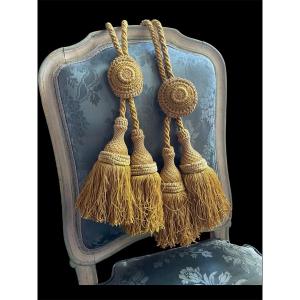 Pair Of Curtain Tiebacks In Yellow Ochre Passementerie With Double Pompom And Mascaron