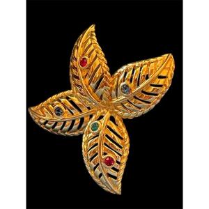 Couture Brooch By The House Of Lanvin Paris In Gold With Stylized Leaves And Multicolored Rhinestones